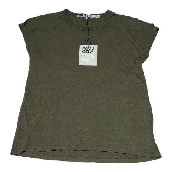 NWT Pam & Gela Cold Shoulder Tee Shirt Sz S Olive Green Crew Neck Short Sleeve - Picture 2 of 6